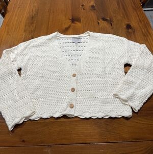 Gypsy‎ Cloud Womens Cream Crochet Knit Scalloped Hem Button Up Cardigan Size Med